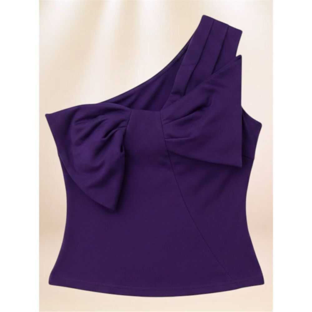 BiBi One Shoulder Bow Top Deep Purple Asymmetrical Ribbon Front Dressy Blouse - Picture 8 of 8